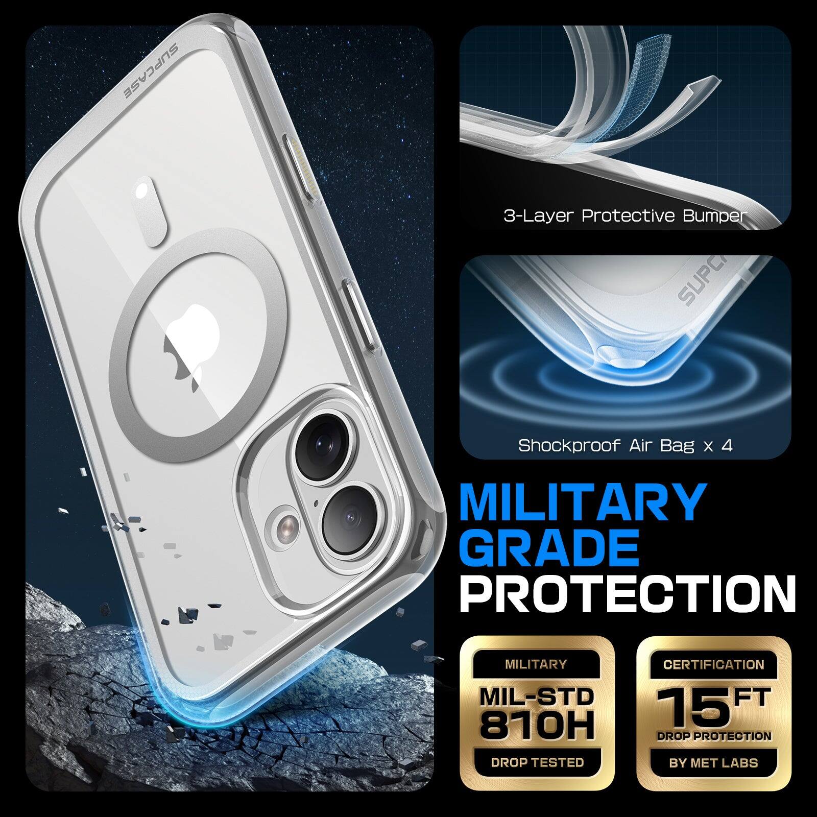 SUPCASE 3-Layer Protective Bumper  
SUPO Shockproof Air Bag x 4  
MILITARY GRADE PROTECTION  
MIL-STD 810H DROP TESTED  
CERTIFICATION  
15 FT DROP PROTECTION BY MET LABS  

3-Layer Protective Bumper  
Shockproof Air Bag x 4  

MILITARY GRADE PROTECTION  

MILITARY  
MIL-STD 810H  
DROP TESTED  

CERTIFICATION  
15 FT  
DROP PROTECTION  
BY MET LABS
