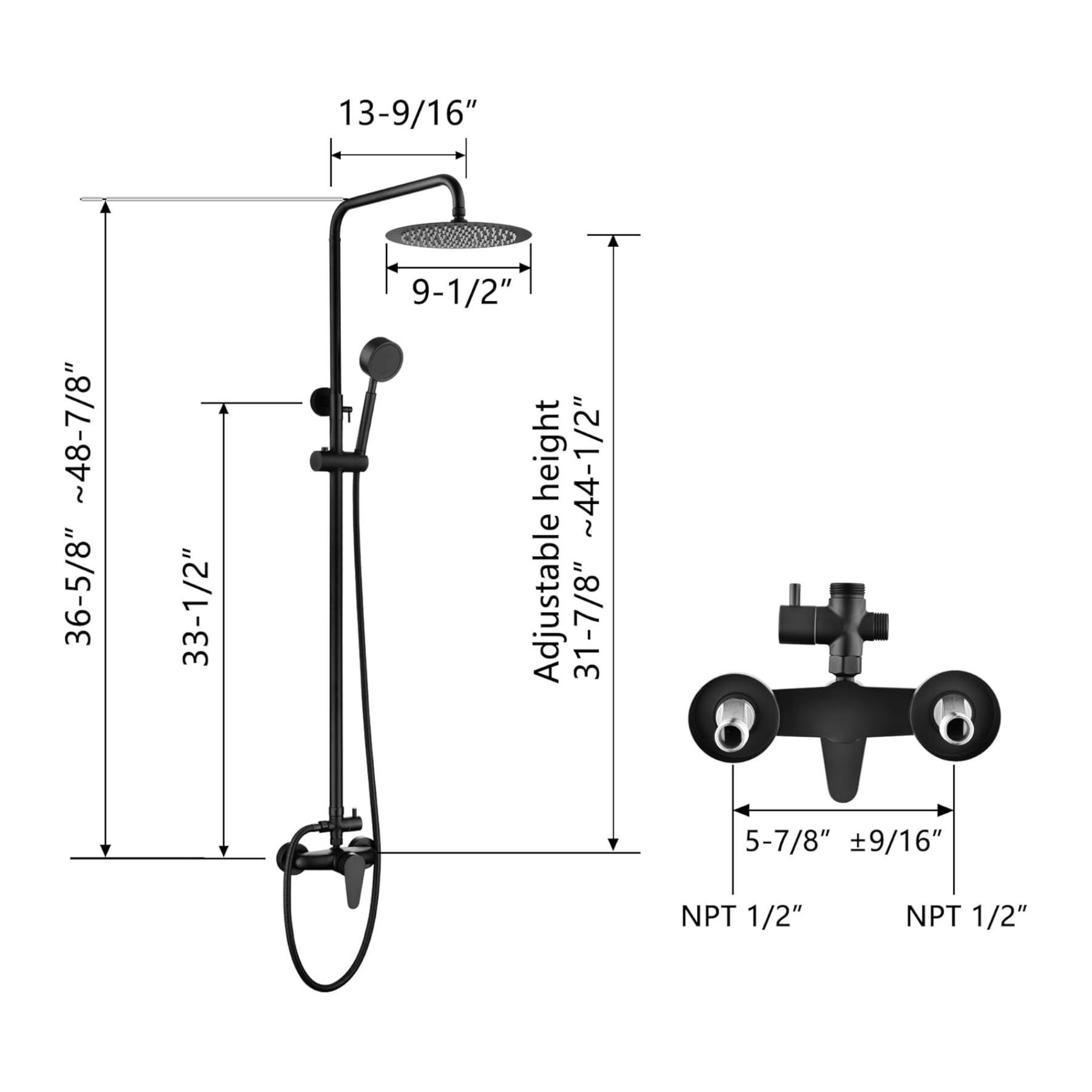 13-9/16"  
~48-7/8"  
36-5/8"  
33-1/2"  
9-1/2" height  
~44-1/2" Adjustable  
31-7/8"  
5-7/8"  
9/16" NPT  
1/2" NPT  
1/2"