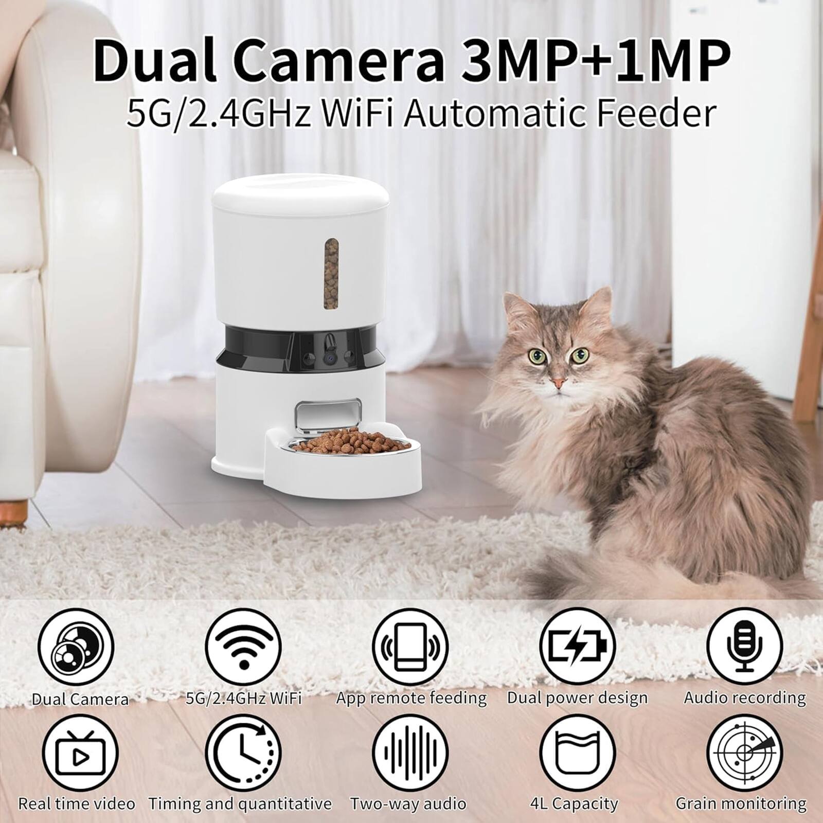 Dual Camera 3MP+1MP  
5G/2.4GHz WiFi Automatic Feeder  

- Dual Camera  
- 5G/2.4GHz WiFi  
- App remote feeding  
- Dual power design  
- Audio recording  
- Real time video  
- Timing and quantitative  
- Two-way audio  
- 4L Capacity  
- Grain monitoring