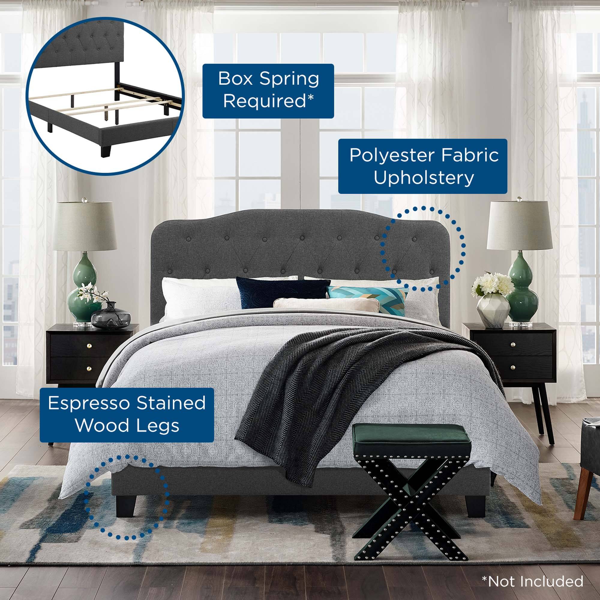 Box Spring Required*  
Polyester Fabric Upholstery  
Espresso Stained Wood Legs  
*Not Included