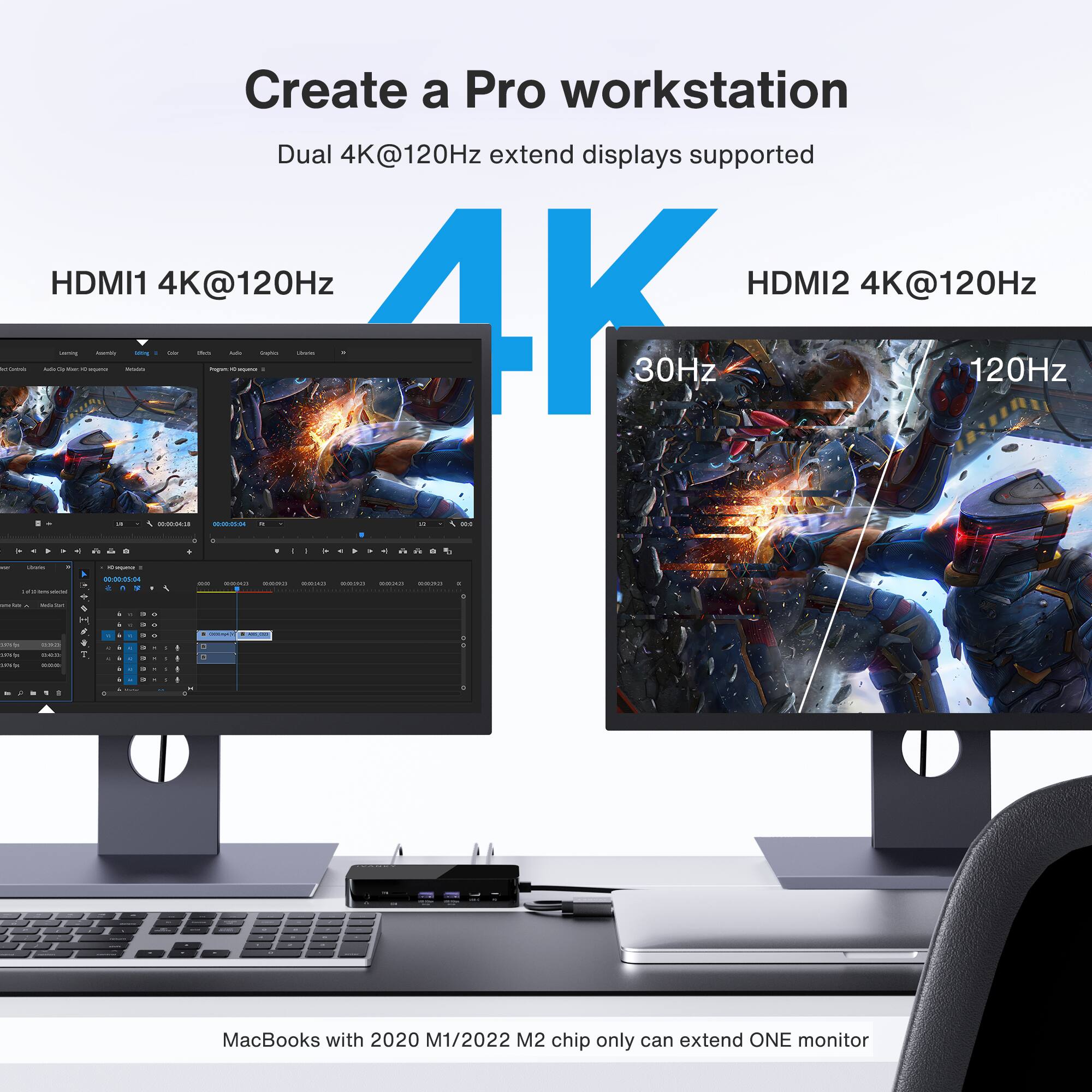 Create a Pro workstation  
Dual 4K@120Hz extend displays supported  
HDMI1 4K@120Hz  
HDMI2 4K@120Hz  

MacBooks with 2020 M1/2022 M2 chip only can extend ONE monitor