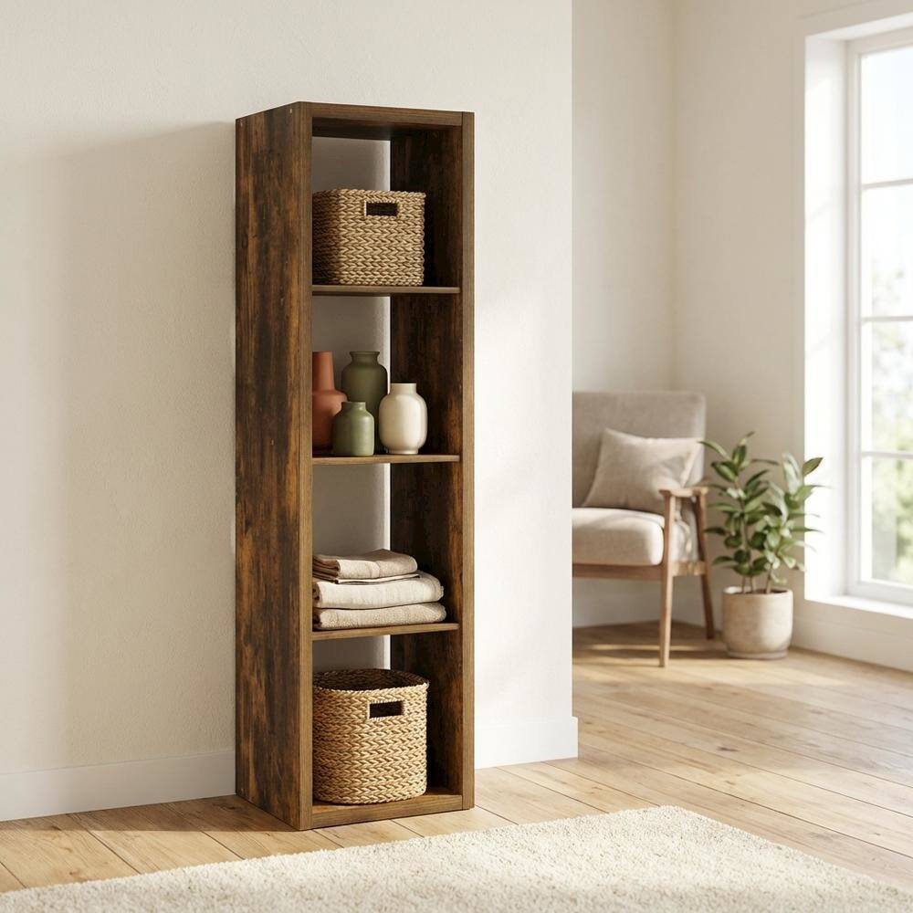 Left. FurniFact - Wooden bookcase with open shelving for versatile storage - Amber Pine.