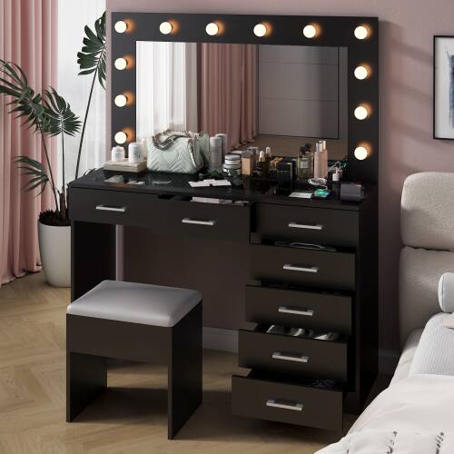 Alt View 5. Winado - Vanity Makeup Table Set Dressing Desk Glass Visual Desktop with LED Lighted Mirror, 7 Drawers,USB Ports - Black.
