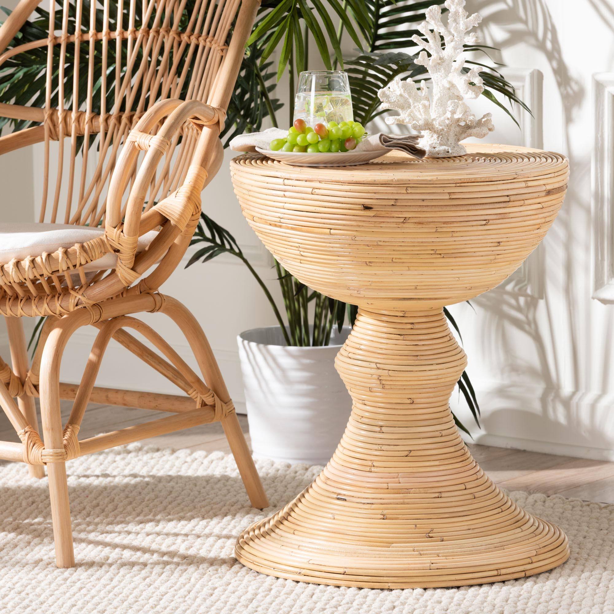 Alt View 2. bali & pari - Brookwood Natural Rattan End Table : Handcrafted Wicker Sculptural Accent Table with Pedestal Base - Natural Rattan.