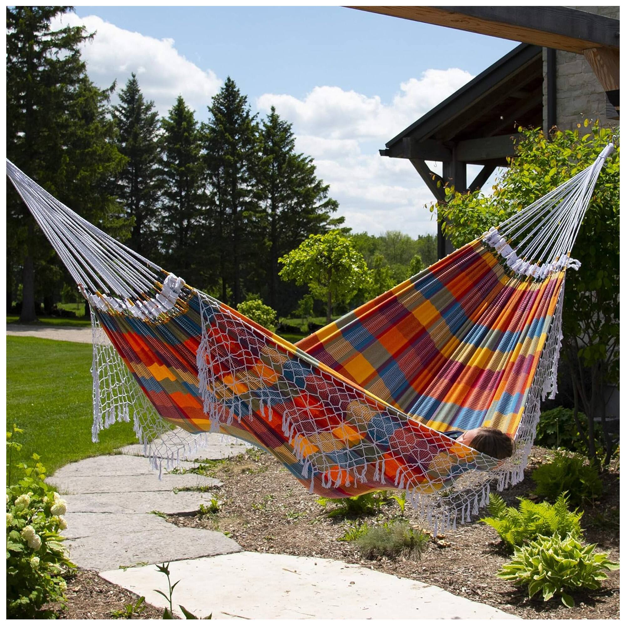 Alt View 2. Vivere - Vivere Authentic Brazilian Cotton Hammock, Outdoor Hanging Daybed, Carnival - Carnival.