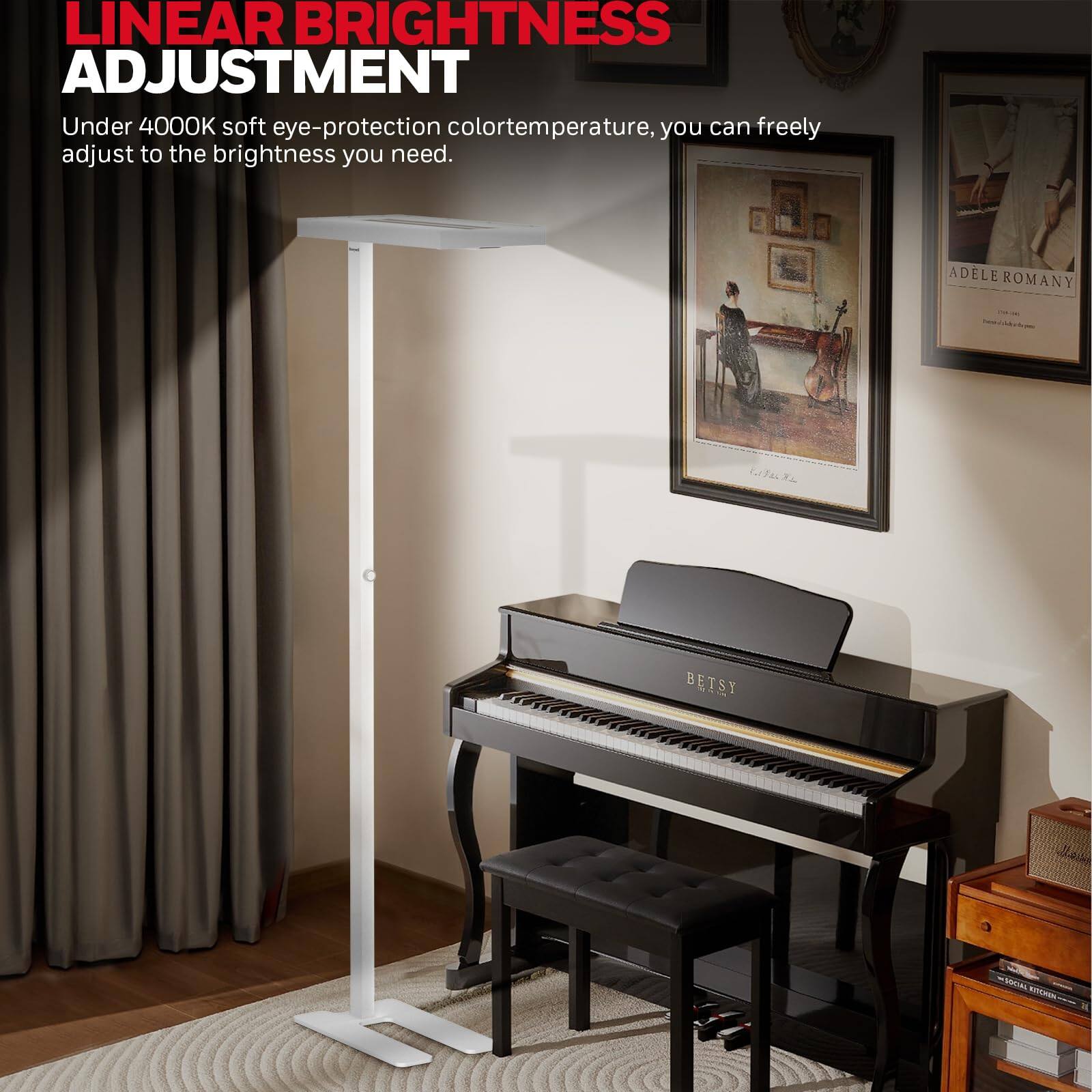 LINEAR BRIGHTNESS ADJUSTMENT  
Under 4000K soft eye-protection color temperature, you can freely adjust to the brightness you need.  

ADELE ROMANY  
GFAL X BETSY SSTAL