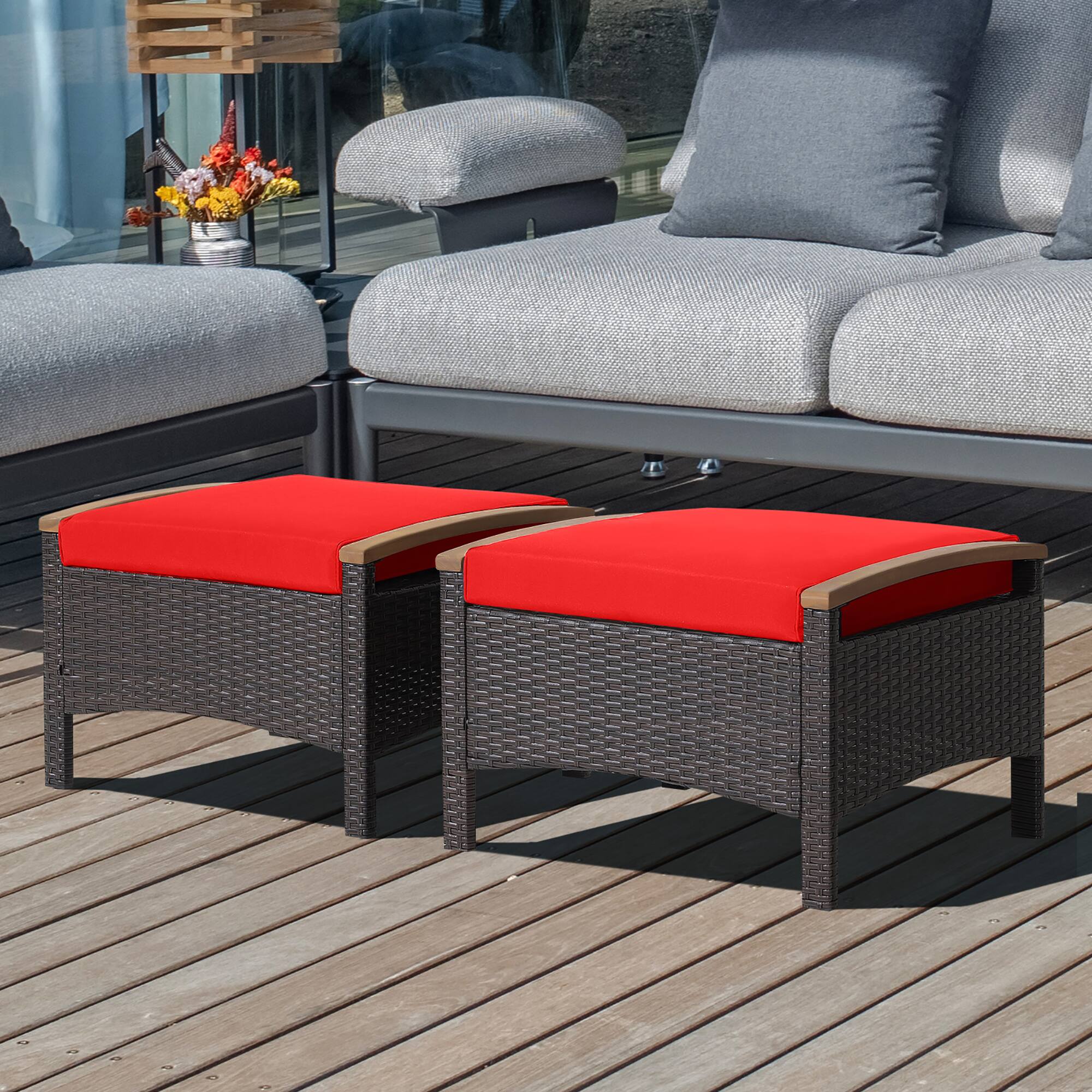 Alt View 1. Costway - Costway Set of 2 Patio Rattan Ottoman Footrest Cushions Wooden Handle - Mix Brown,Red.