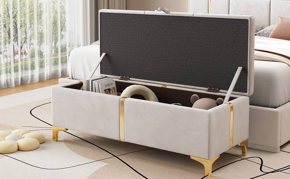 Alt View 6. GOODSILO - Elegant Upholstered Storage Ottoman Bench with Metal Legs - Beige.