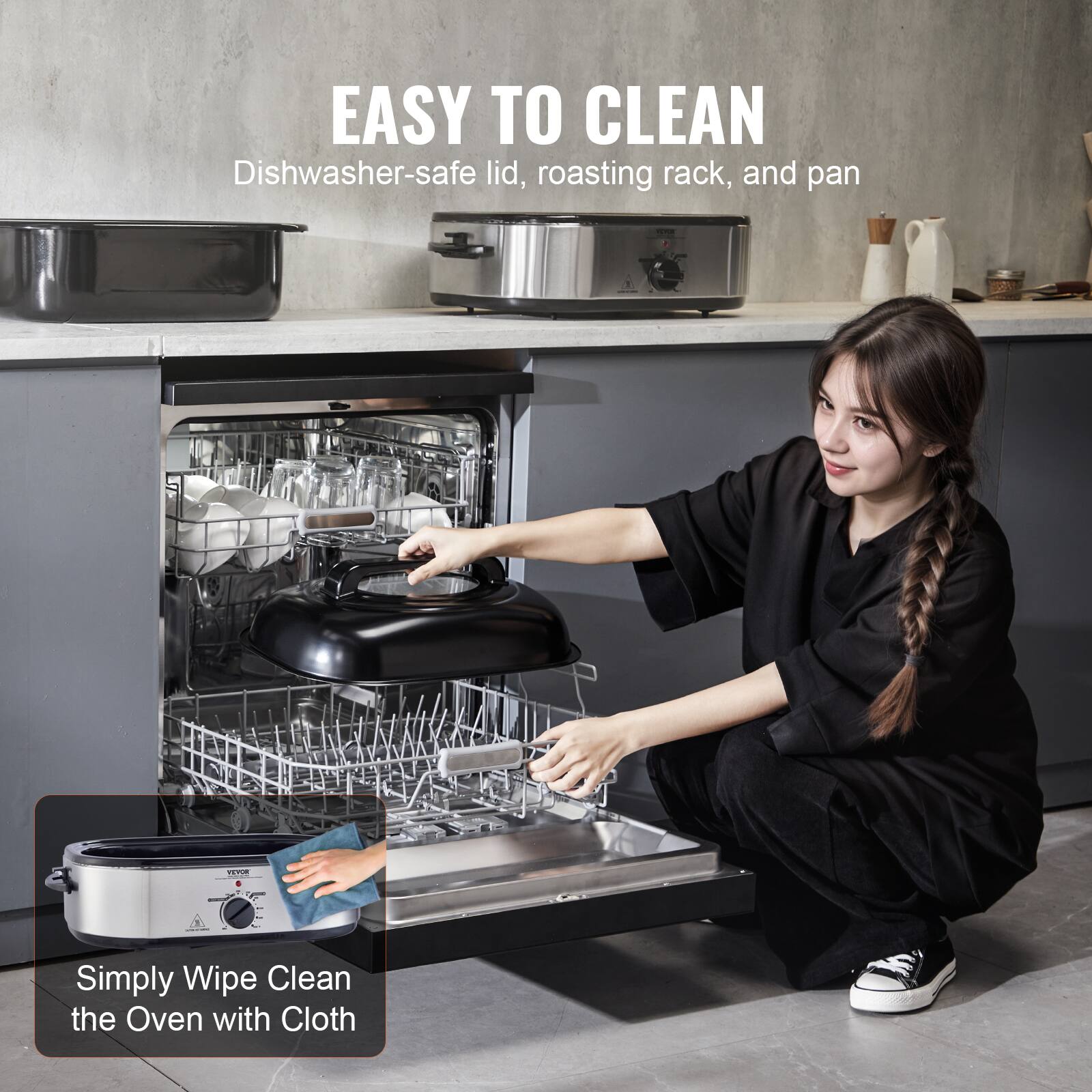 EASY TO CLEAN Dishwasher-safe lid, roasting rack, and pan - Simply Wipe Clean the Oven with Cloth