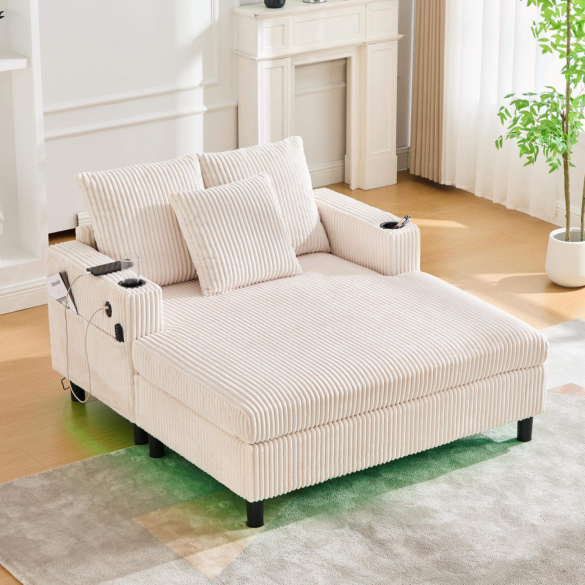 Angle. Roomtec - UNITED WE WIN Modern Corduroy Oversized Recliner Sofa with Deep Seat 3 Pillows USB Charging RGB LED Light Strip Cup - Beige.