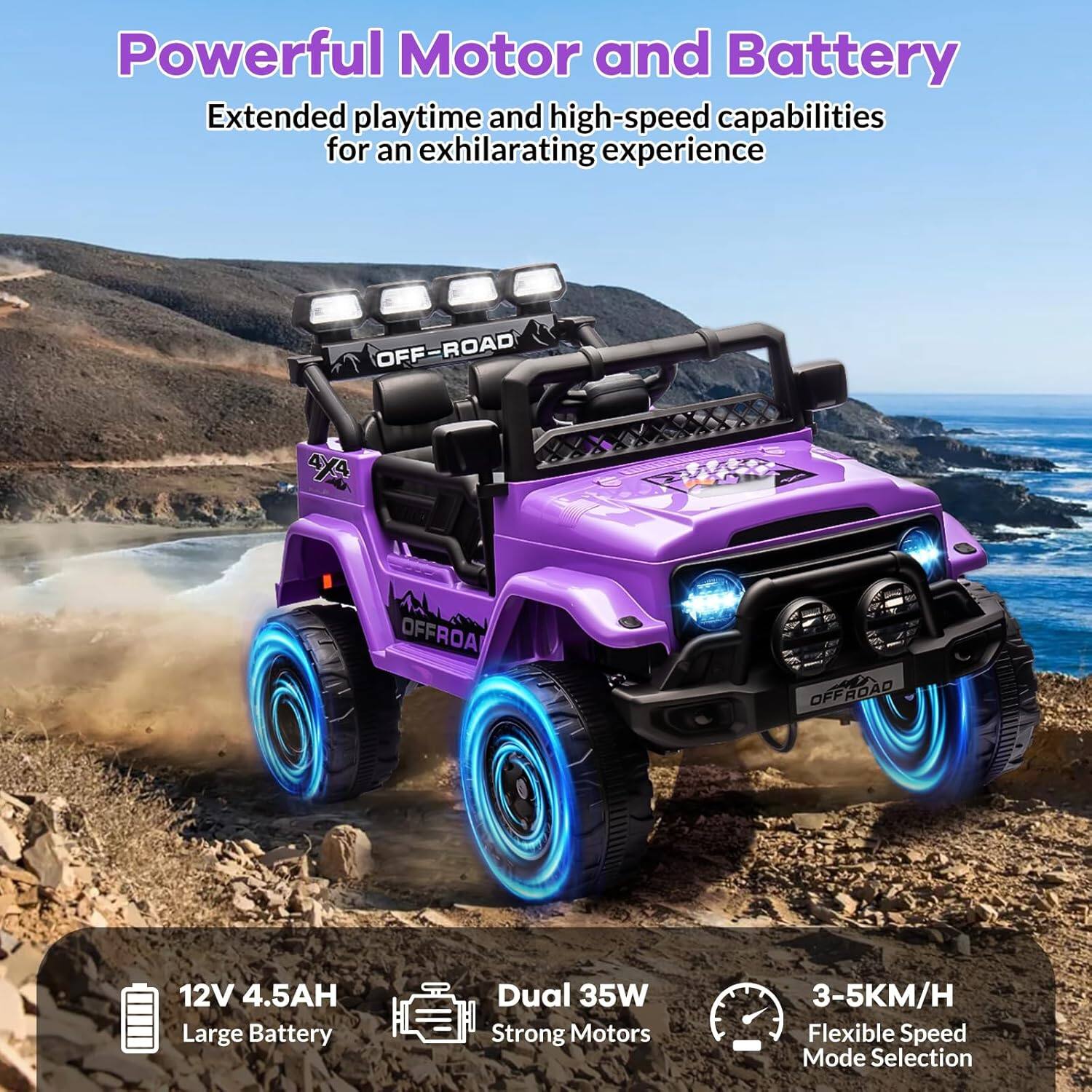 Powerful Motor and Battery
Extended playtime and high-speed capabilities for an exhilarating experience
12V 4.5AH Large Battery
Dual 35W Strong Motors
3-5KM/H Flexible Speed Mode Selection