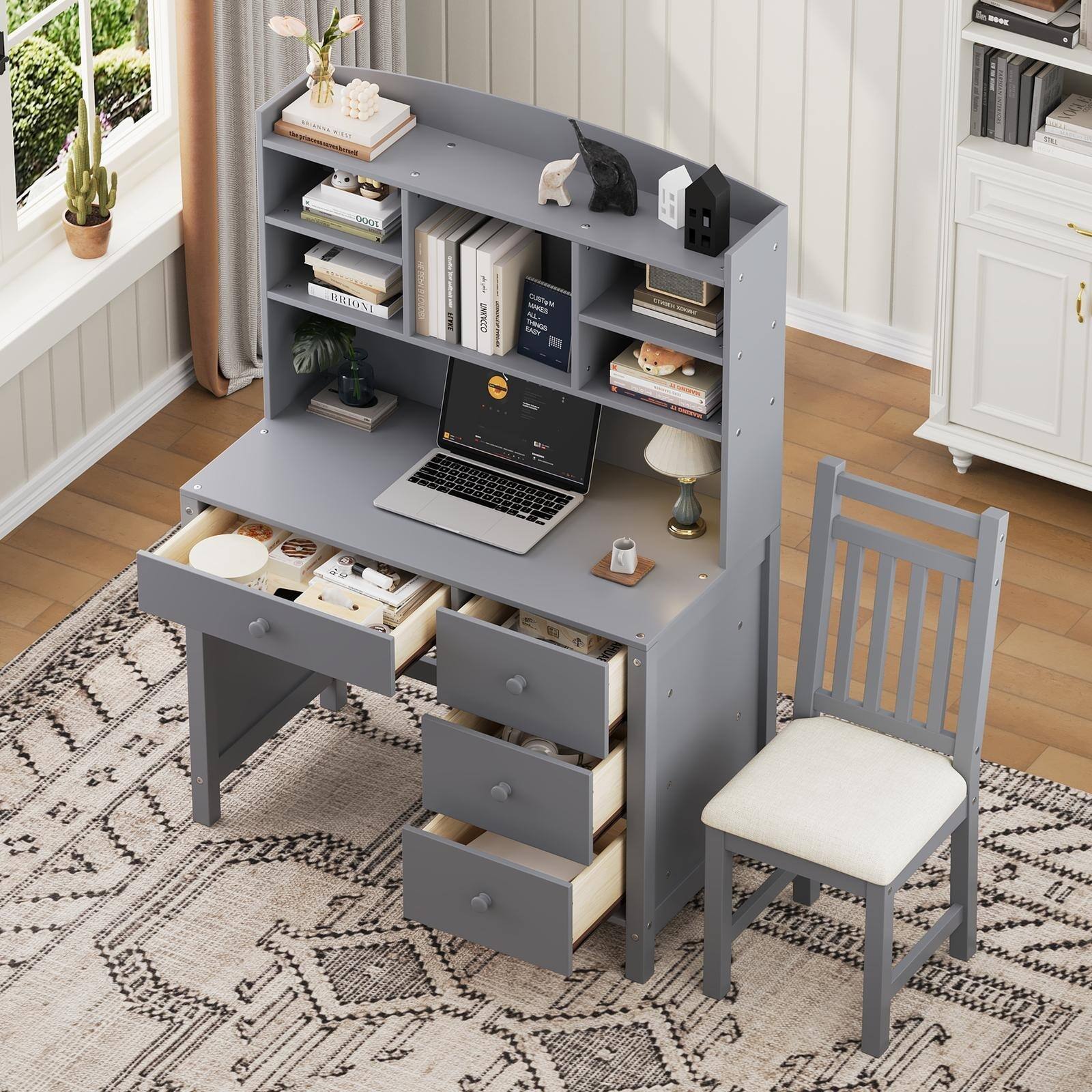 Sure, here is the corrected and grouped text from the image:

**Top Shelf:**
- "BRIONI"
- "COOLINT"

**Second Shelf:**
- "SAVES"

**Third Shelf:**
- "BRIONI"
- "DODGE"
- "BRIONI"

**Fourth Shelf:**
- "COSTA RICA"
- "ALL YOU NEED TO KNOW"
- "TO TRAVEL"

**Fifth Shelf:**
- "BRIONI"

**Desk Surface:**
- "BRIONI"

**Laptop Screen:**
- "BRIONI"

**Bottom Shelf:**
- "BRIONI"

**Other Items:**
- "BRIONI" (on the desk organizer)
- "BRIONI" (on the drawer)

**Books on the White Cabinet:**
- "BRIONI" (on the top shelf)

**Additional Text:**
- "BRIONI" (on the small white cabinet on the top shelf of the desk)

This text appears to be a brand name or a recurring theme in the image.