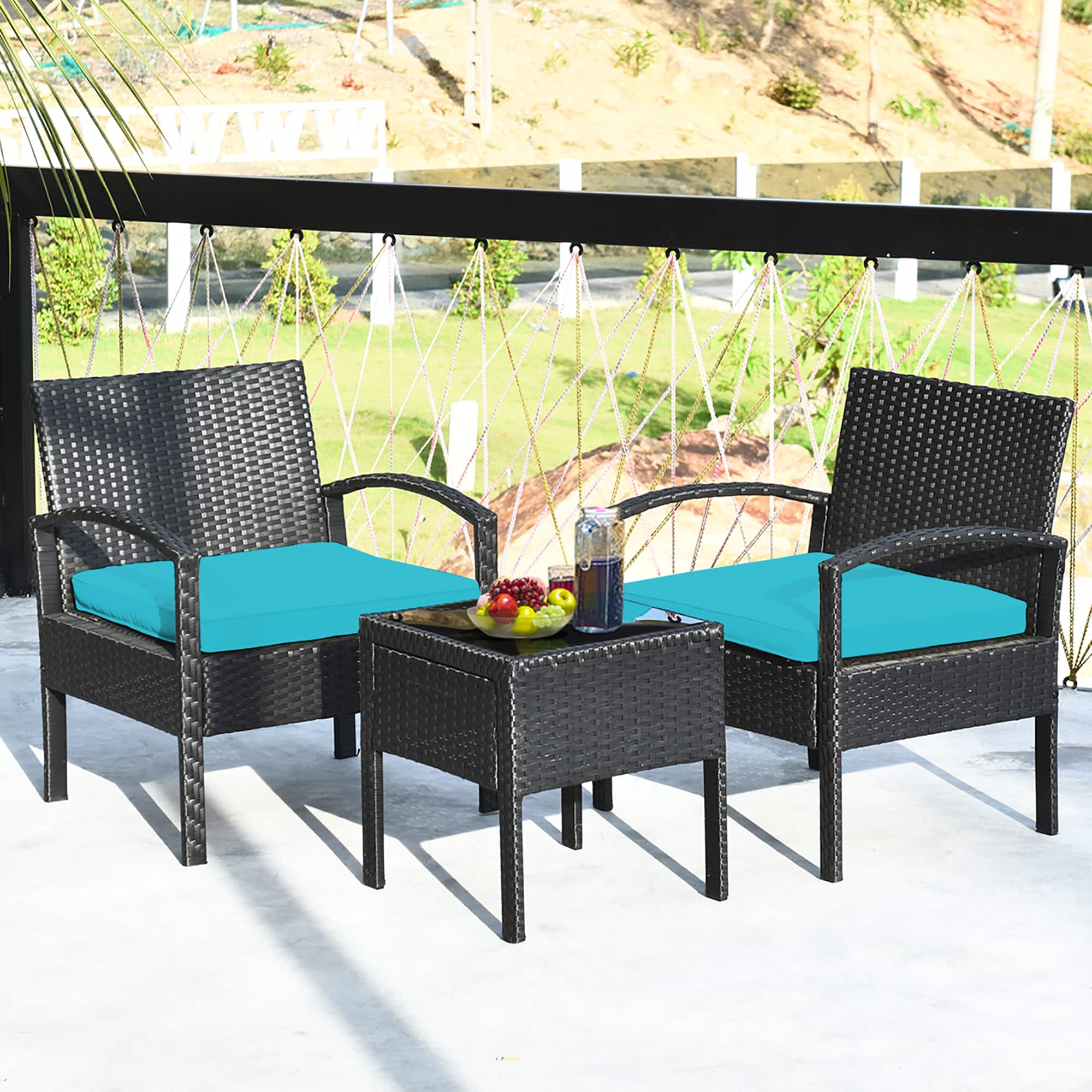 Front. Costway - Costway 3PCS Patio Rattan Furniture Set Coffee Table Conversation Sofa Cushioned - Green.