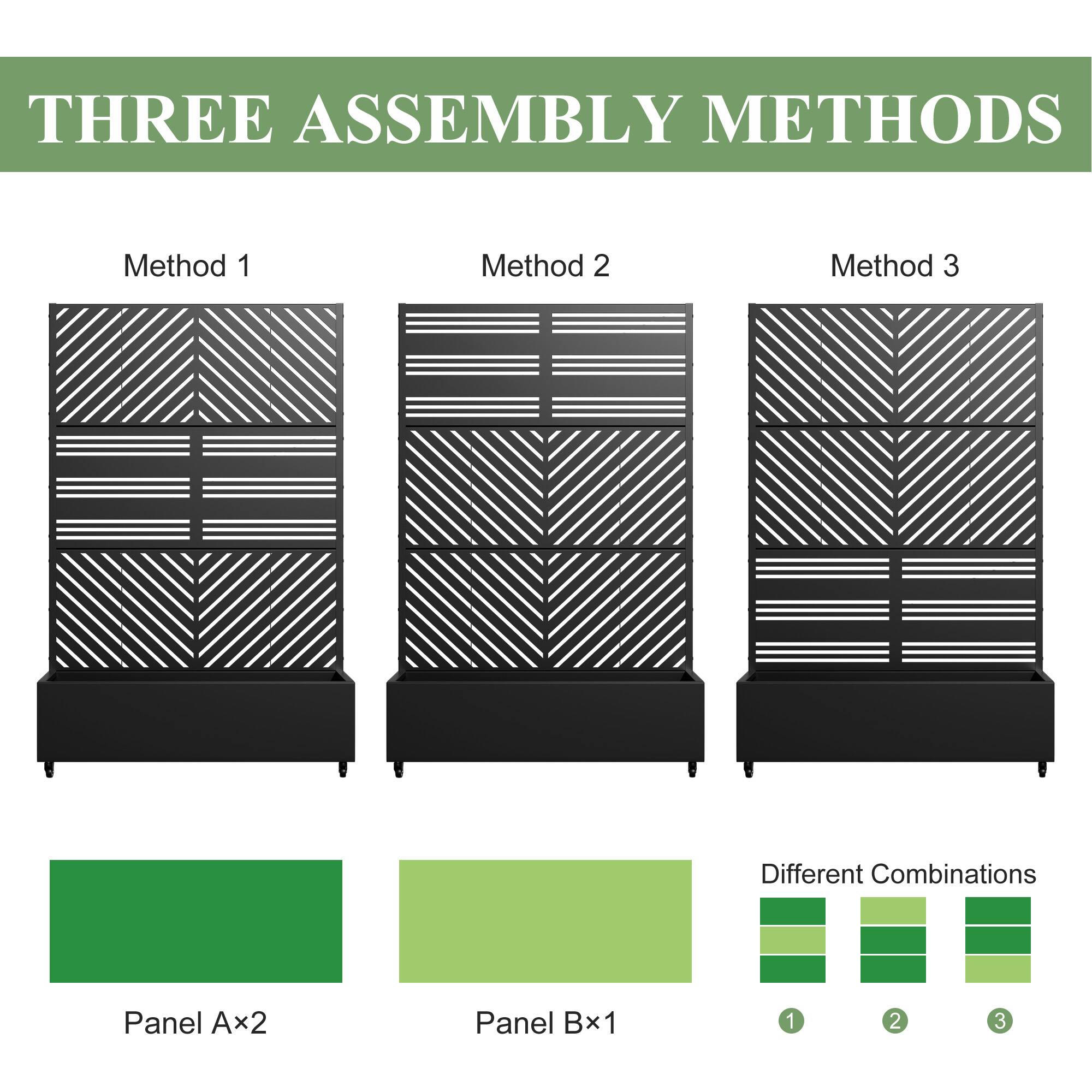 THREE ASSEMBLY METHODS

Method 1

Method 2

Method 3

Panel A x 2

Panel B x 1

Different Combinations

1

2

3
