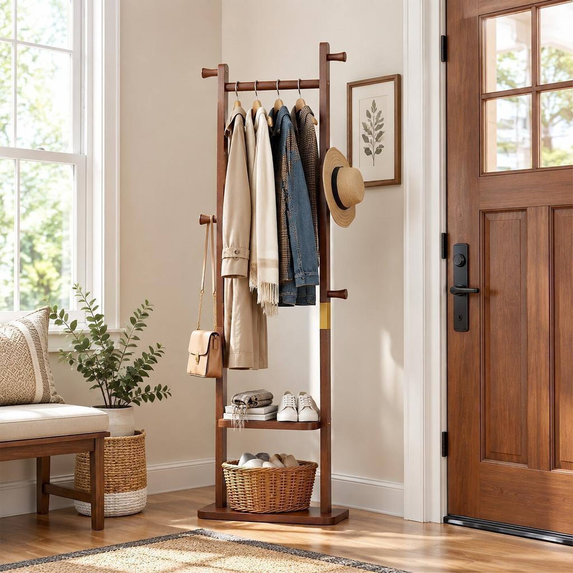 Angle. RYHNUYNE - Solid Wood Coat Rack, 23.6 x 11 x 70.8 in, Walnut Finish, Free Standing Hall Tree for Entryway - Walnut.
