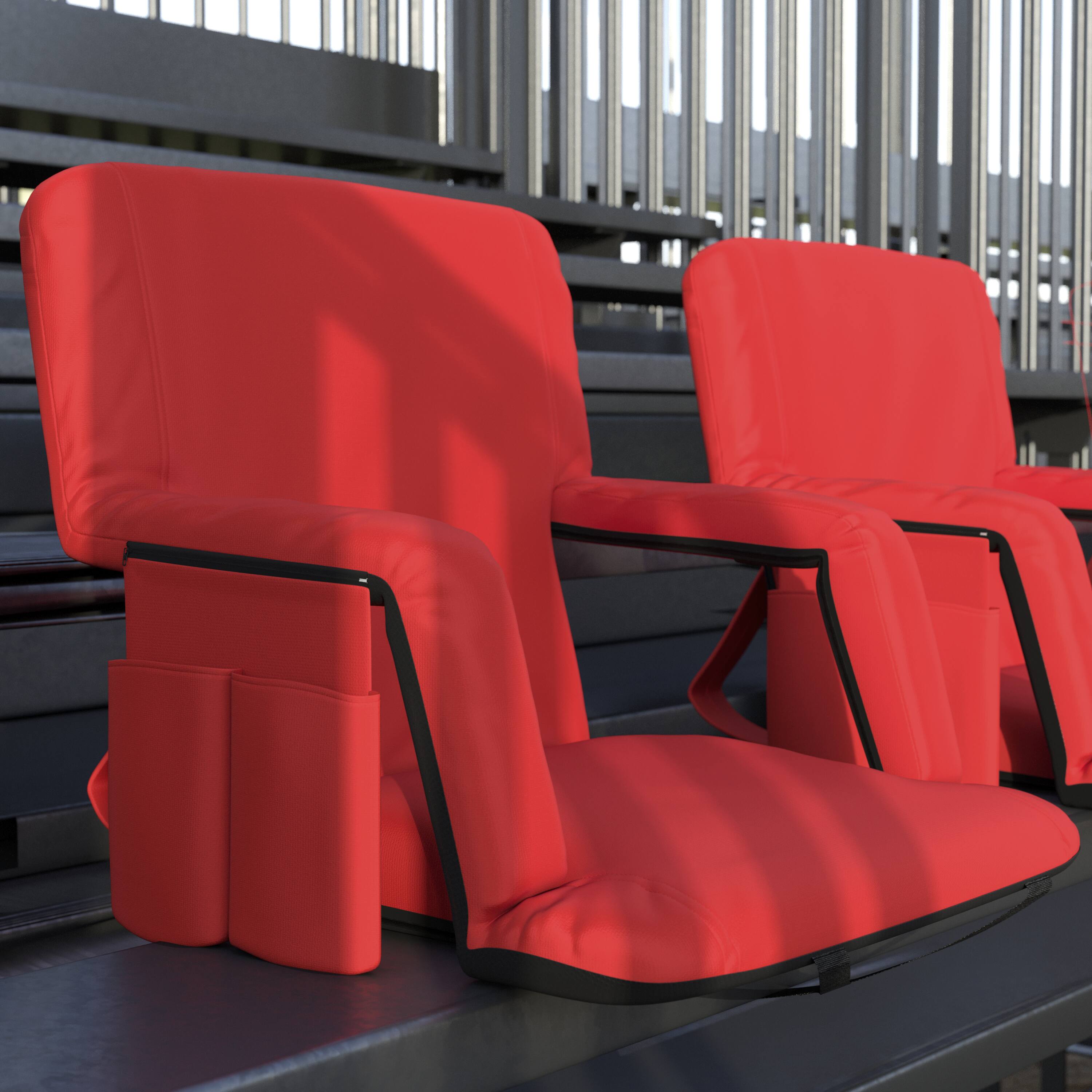 Alt View 2. Emma + Oliver - 2 Pack Folding Metal Stadium Chairs with Padded, Reclining Back & Armrests - Red.
