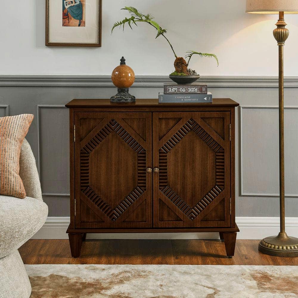 Kadyn - 33.6" Retro Wooden Sideboard Buffet Cabinet with Storage, Symmetrical Geometric Accent Display Cabinets, Walnut - Brown