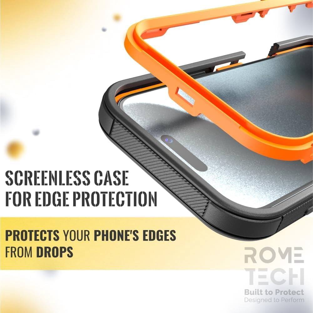 SCREENLESS CASE FOR EDGE PROTECTION  
PROTECTS YOUR PHONE'S EDGES FROM DROPS  

ROME TECH  
Built to Protect  
Designed to Perform