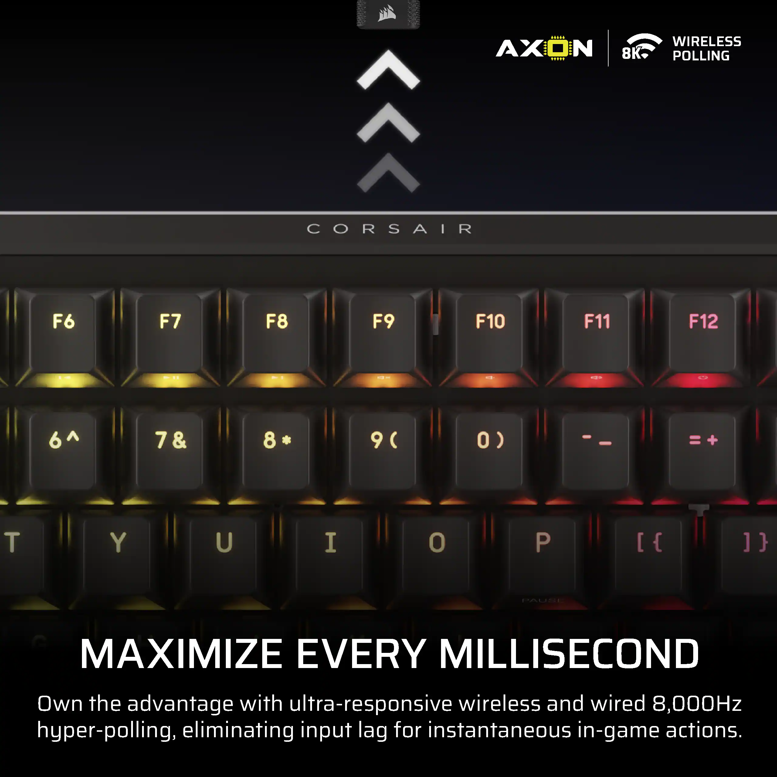 AXON N 8K I WIRELESS POLLING CORSAIR F6 F7 F8 F9 F10 F11 F12 6^ 7& 8* 9( 0) - = + T Y U I O P [ { 1} PAUSE MAXIMIZE EVERY MILLISECOND

Own the advantage with ultra-responsive wireless and wired 8,000Hz hyper-polling, eliminating input lag for instantaneous in-game actions.