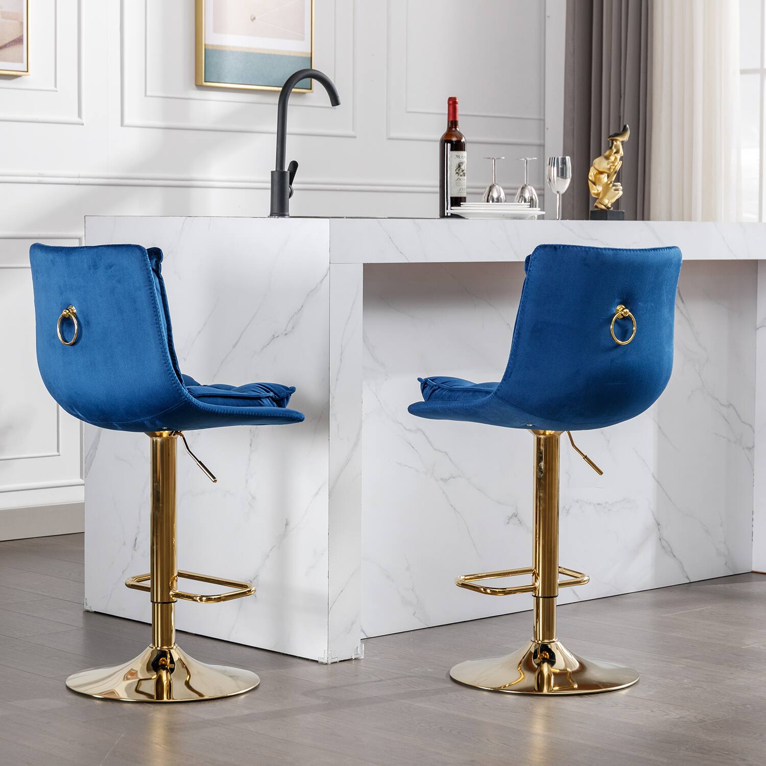 Angle. Trinkets Crazed - Bar Stools Set of 2, Swivel Bar Chairs, Adjustable Barstools Counter Height with Backrest for Kitchen Island - Blue.