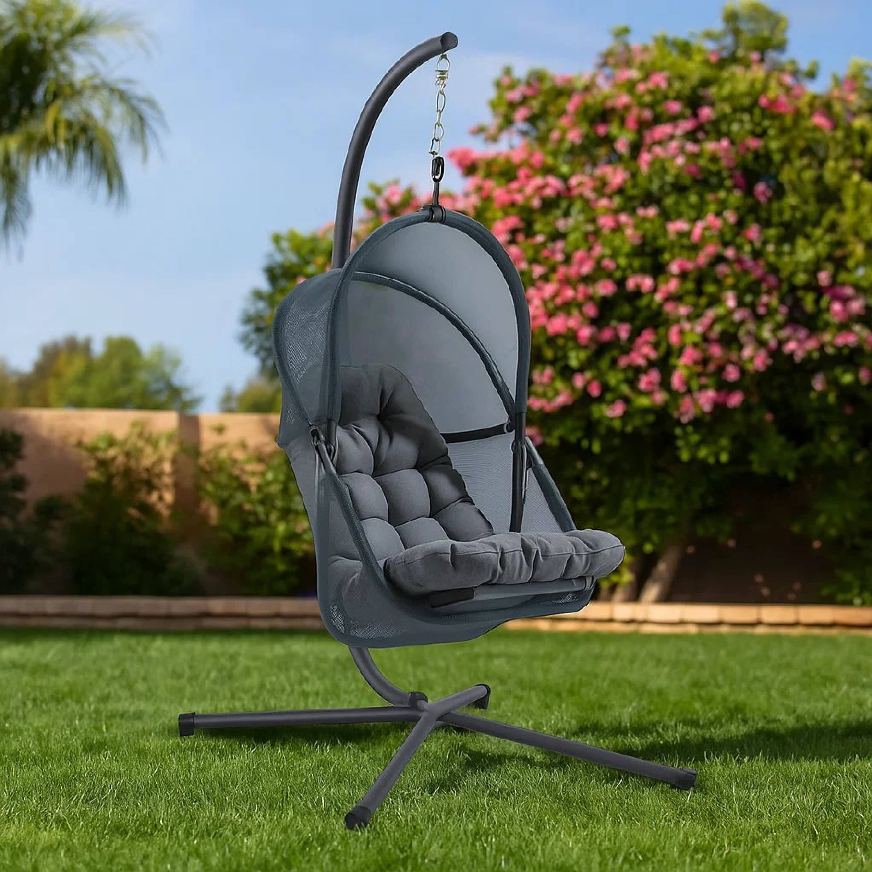 Alt View 8. Manhattan Lane - Bery Outdoor Swing Chair with Foldable Stand, Dark Gray Cushion - Black, Dark Gray.