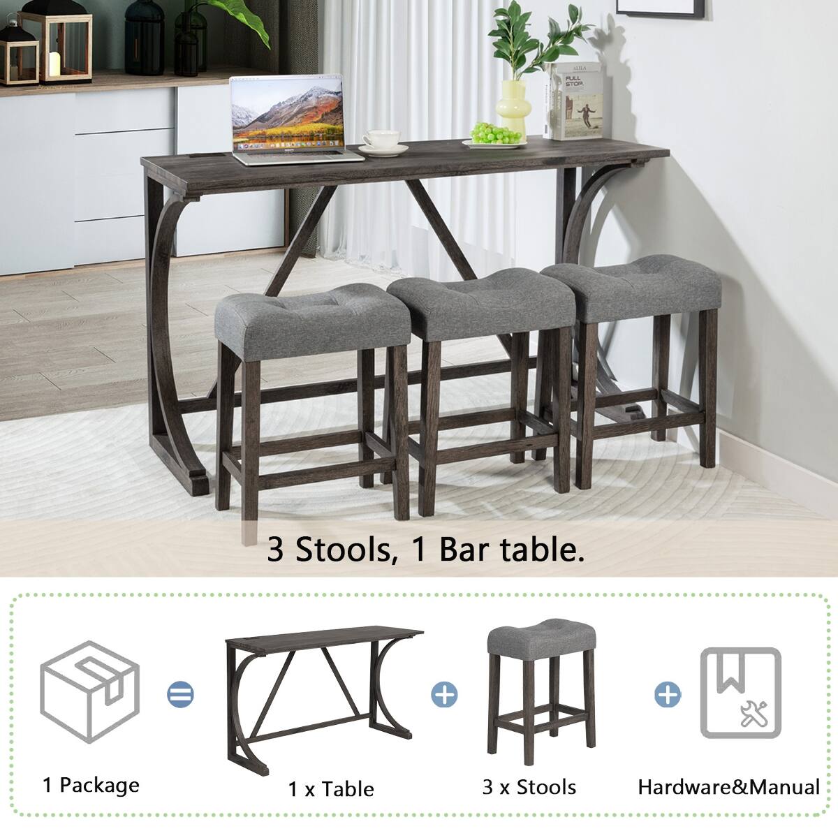 ALLA - PULL STOP  
51 RONO  
3 Stools, 1 Bar table.  
=  
1 Package  
1 x Table  
3 x Stools  
Hardware & Manual