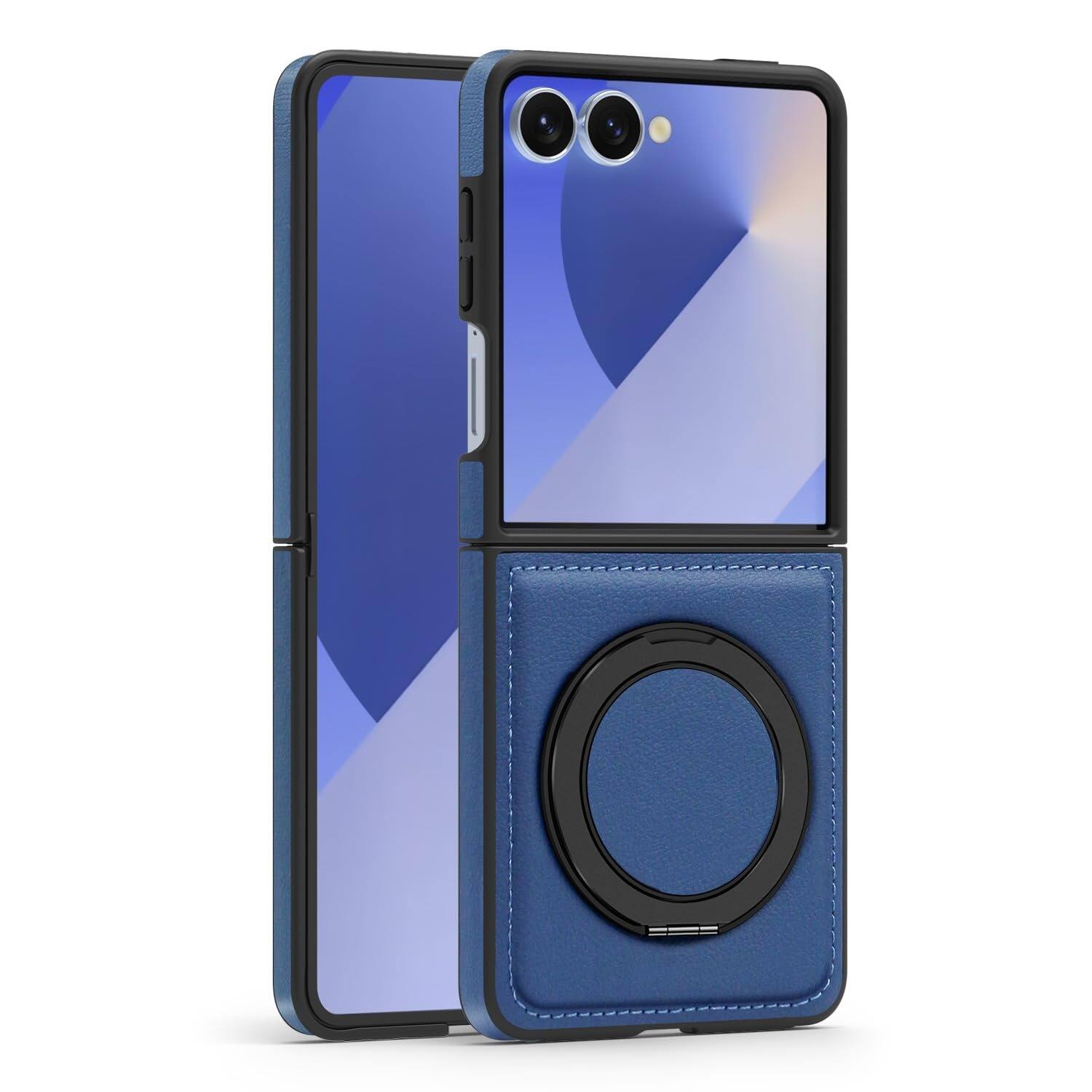 Back. Dteck - Leather Case for Samsung Galaxy Z Flip 8,Shockproof Compatible with Mag Safe 360 Rotation Ring Kickstand Cover - Blue.