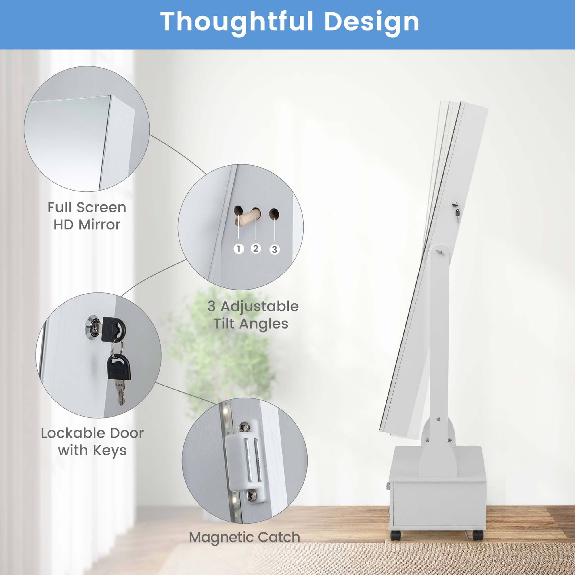 Thoughtful Design: Full Screen HD Mirror, 3 Adjustable Tilt Angles, Lockable Door with Keys, Magnetic Catch.
