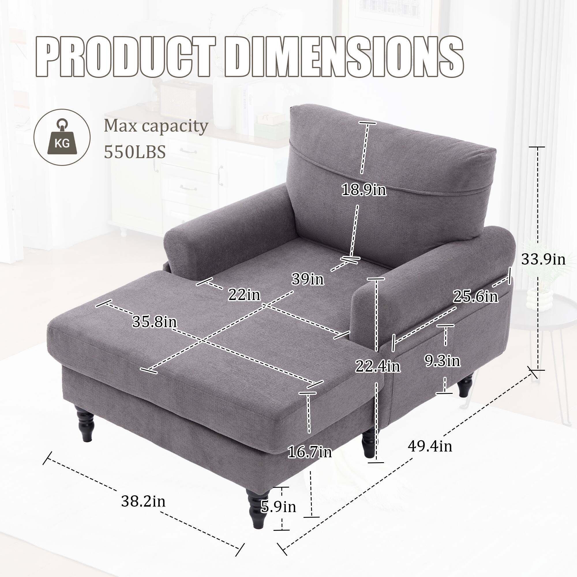 PRODUCT DIMENSIONS

Max capacity 550LBS

- Width: 35.8in
- Depth: 39in
- Height: 33.9in
- Seat Height: 18.9in
- Armrest Height: 22.4in
- Back Height: 25.6in
- Seat Depth: 22in
- Overall Height: 33.9in
- Overall Width: 49.4in
- Overall Depth: 38.2in
- Leg Height: 5.9in