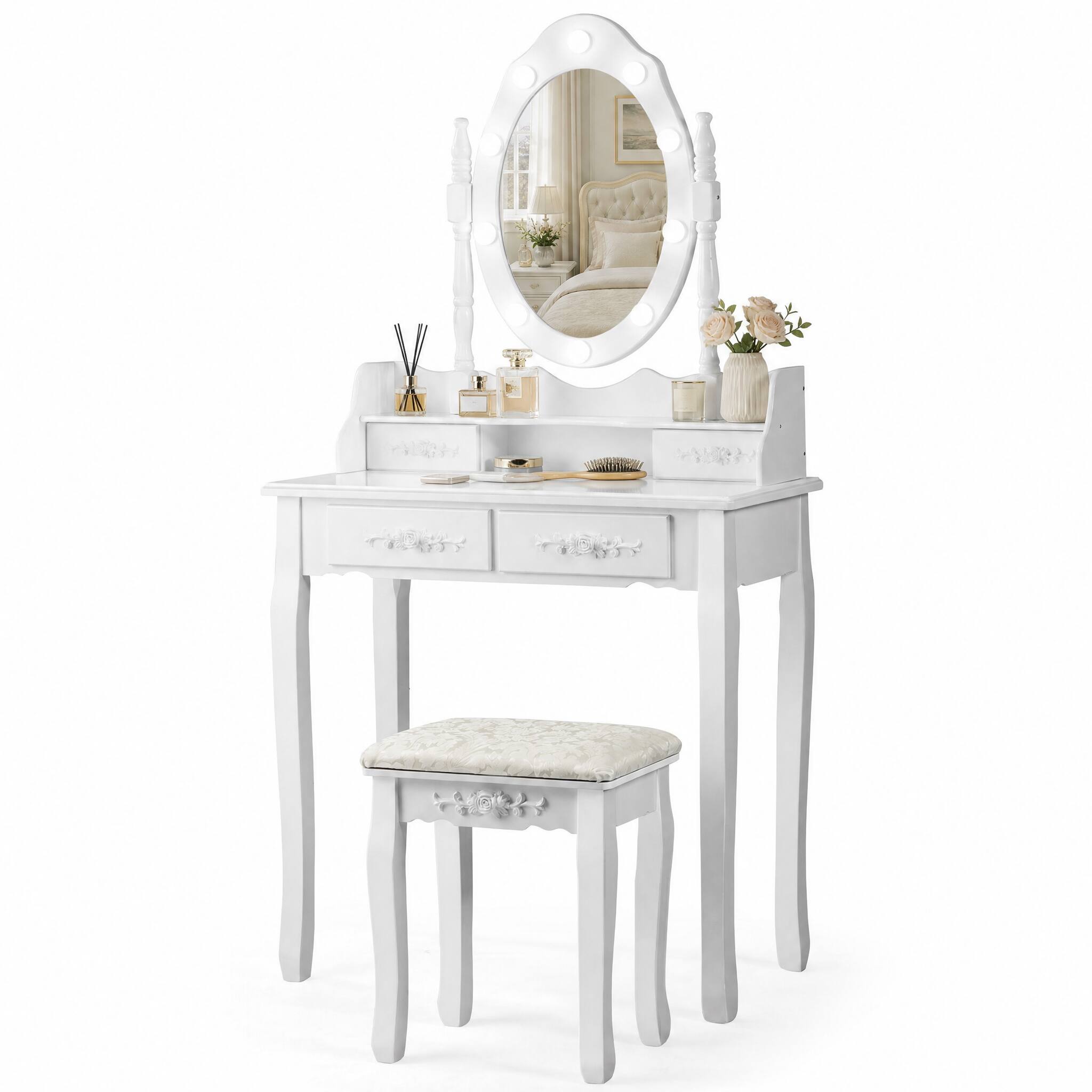 Left. WELLFOR - Classic Makeup Vanity Dressing Table Set with 360° Rotatable Mirror,4‑Drawer Classified Storage and Padded Stool - White.