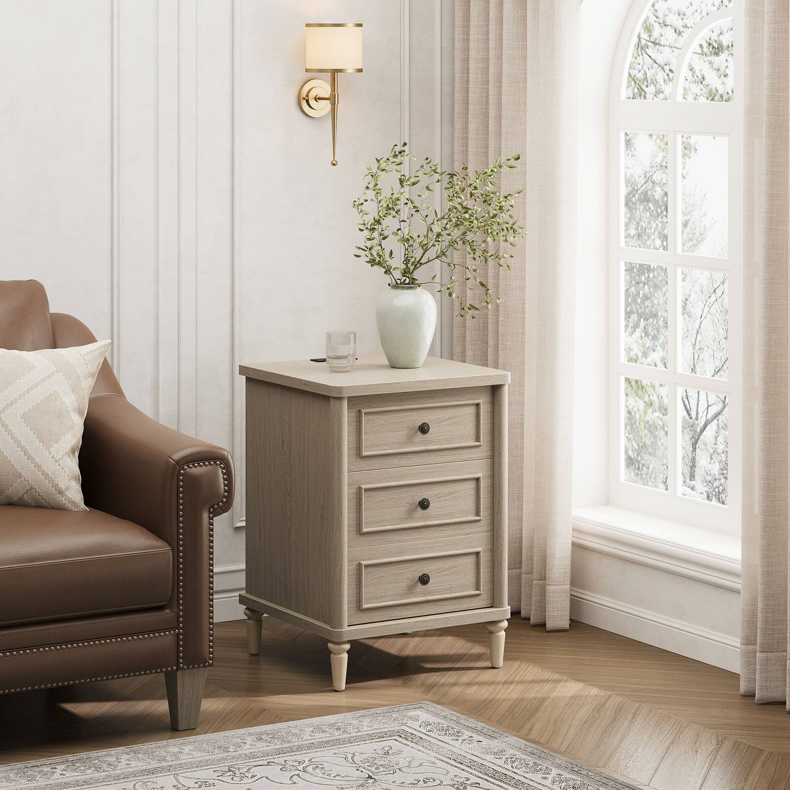 Alt View 2. Bestier - Set of 2 Farmhouse Mid-Century Nightstands with Charging Station, Wood Gourd Legs, Rounded Corners, USB & USB-C Ports - Sunlit Oak.