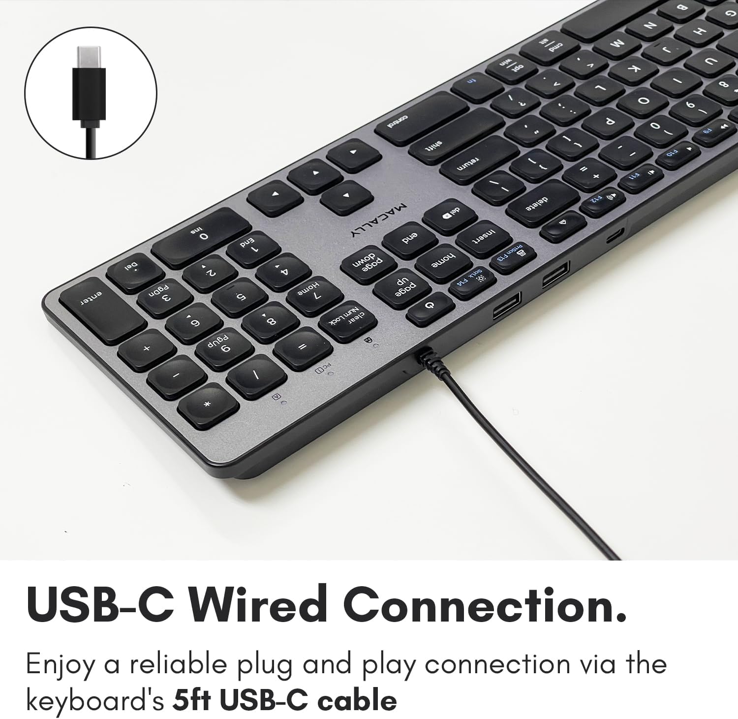 The text on the image reads:

"USB-C Wired Connection. Enjoy a reliable plug and play connection via the keyboard's 5ft USB-C cable."