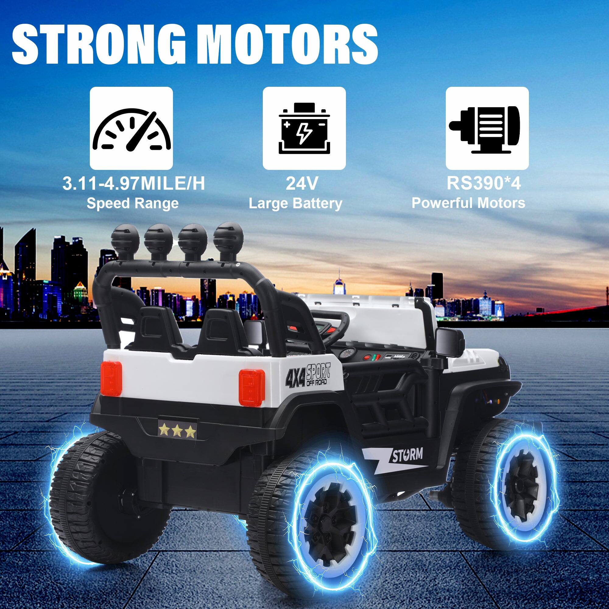 STRONG MOTORS

- 3.11-4.97 MILE/H Speed Range
- 24V Large Battery
- RS390*4 Powerful Motors

4X4 SPORT OFF ROAD

STORM