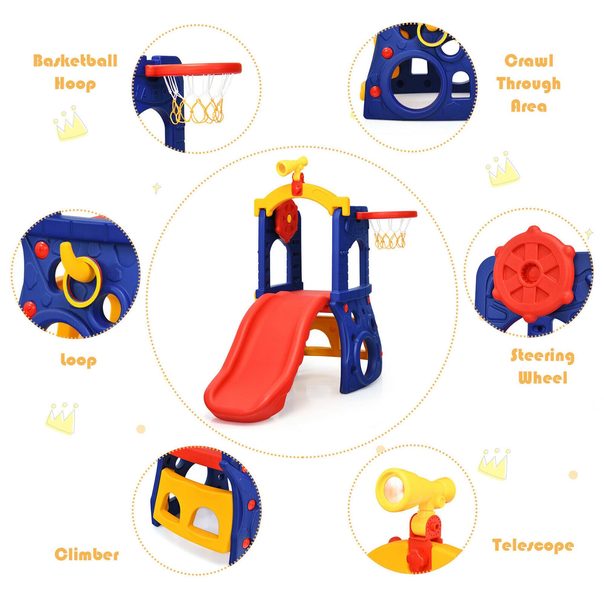 Basketball Hoop, Crawl Through Area, Loop, Steering Wheel, Climber, Telescope