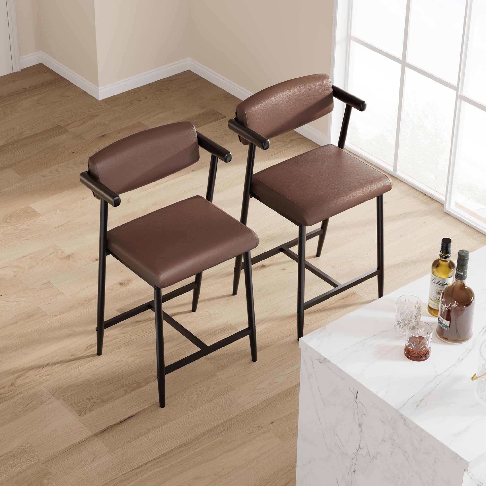 Left. Jojoka - Bar Stools Set of 2 with Armrests, Metal Counter Height Bar Stools Set with Upholstered Seat, Footrest & Soft Back - Brown.