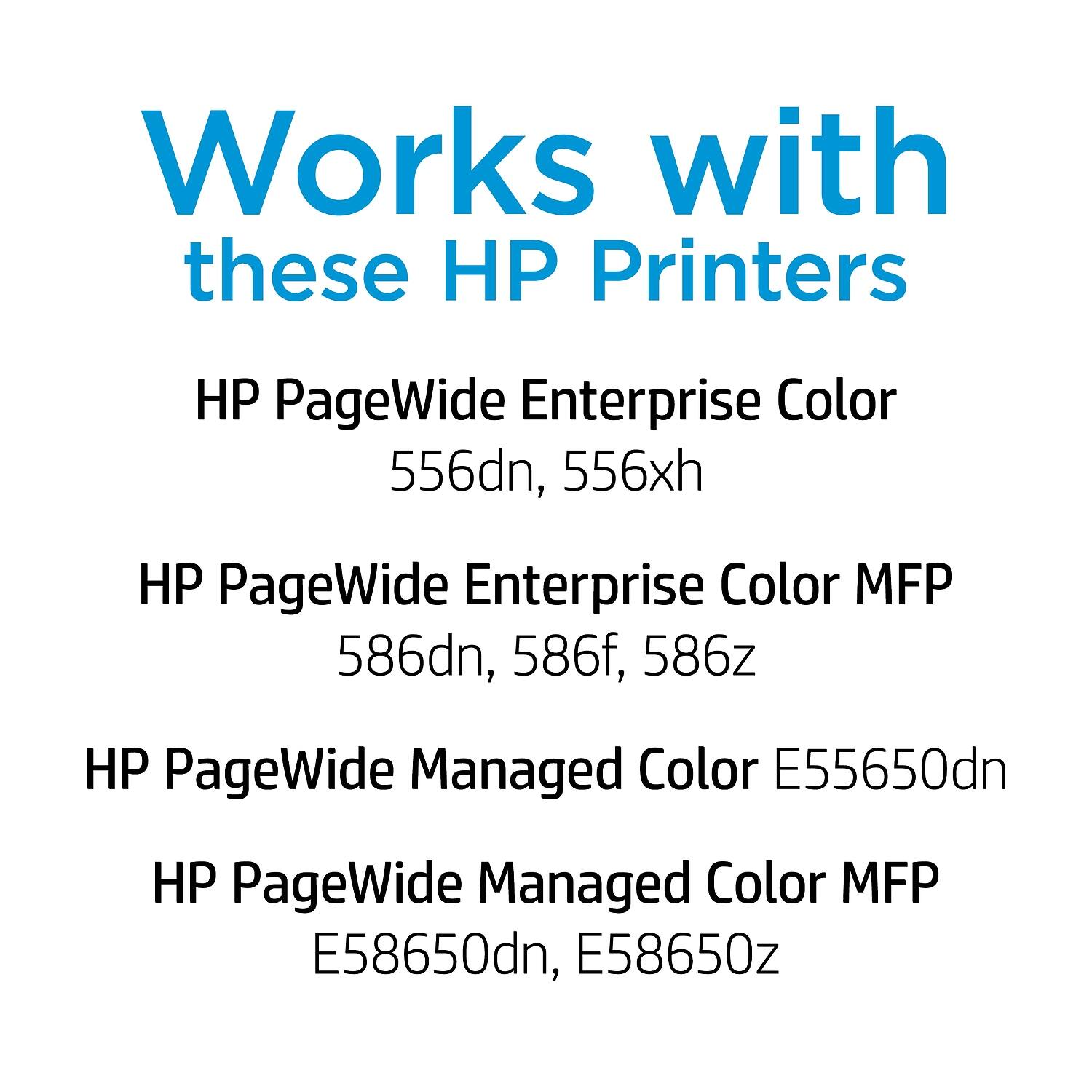 Works with these HP Printers

- HP PageWide Enterprise Color 556dn, 556xh
- HP PageWide Enterprise Color MFP 586dn, 586f, 586z
- HP PageWide Managed Color E55650dn
- HP PageWide Managed Color MFP E58650dn, E58650z