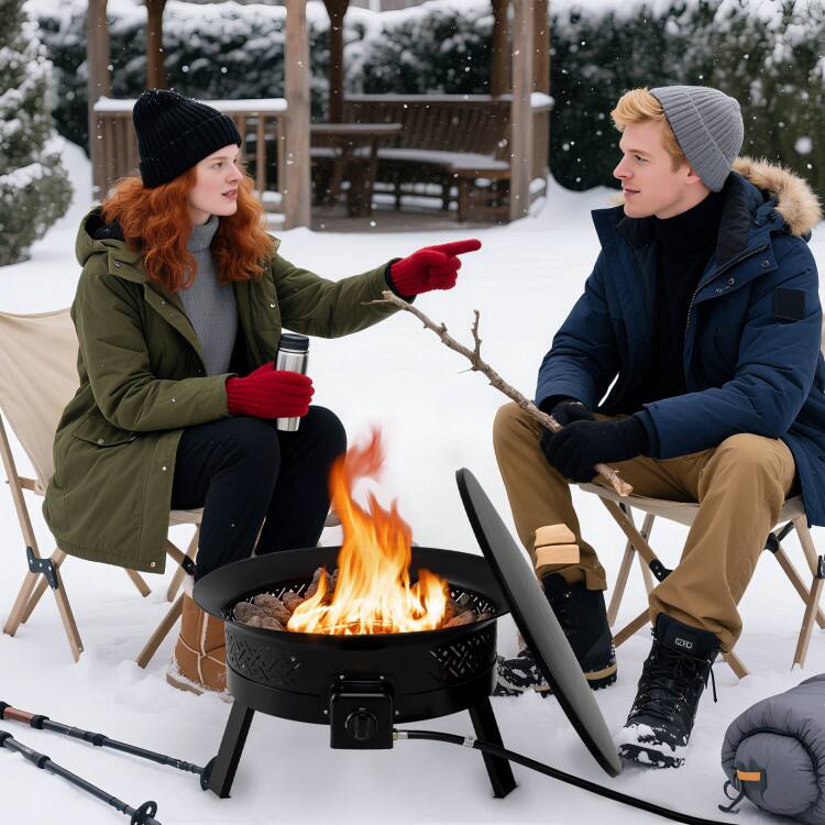 Left. Mondawe - 24.5 Inch Portable Propane Fire Pit with Carry Strap and Folding Legs - Black.