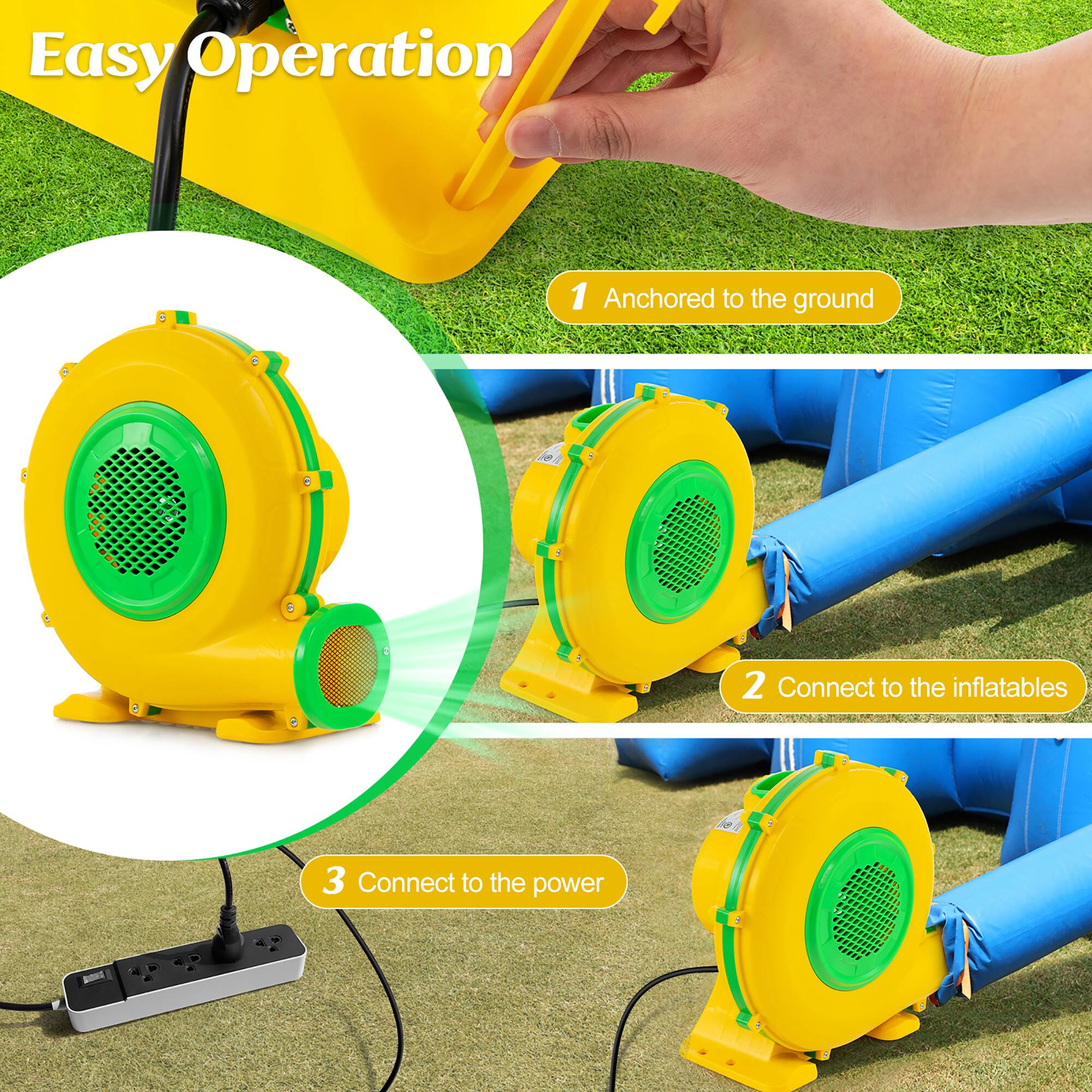 Easy Operation

1. Anchored to the ground
2. Connect to the inflatables
3. Connect to the power