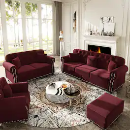 Anysun - 6-Seat Velvet Chesterfield Sofa Set (1+2+3) w/ Nailhead, Rolled Armrests, Button Tufted, 1 Ottoman, Mid-Century - Red