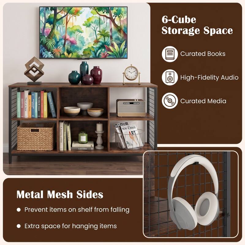6-Cube Storage Space

- Curated Books
- High-Fidelity Audio
- Curated Media

Metal Mesh Sides

- Prevent items on shelf from falling
- Extra space for hanging items