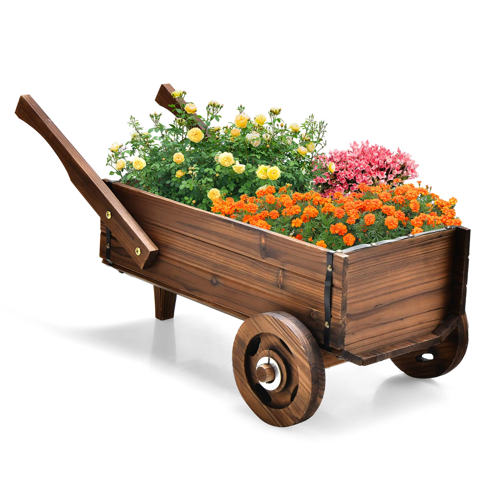 Front. Costway - Decorative Wagon Cart Plant Flower Pot Stand Wooden Raised Garden Planter Box - Rustic Brown.