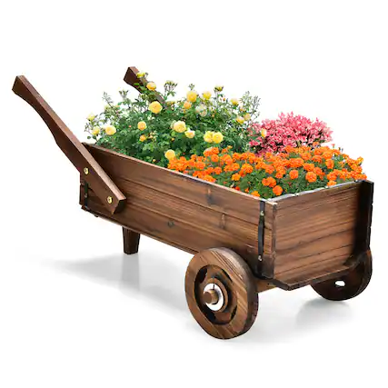 Front. Costway - Decorative Wagon Cart Plant Flower Pot Stand Wooden Raised Garden Planter Box - Rustic Brown.