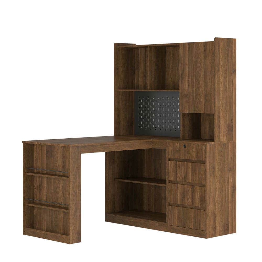 Kadyn - Modern L-Shaped Corner Desk with Charger and Storage Features - Brown