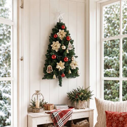 Alt View 6. Winado - 3FT Christmas Hanging Half Wall Tree, Portable Mini Tree with Lights, Ornaments for Indoor Holiday Party Decoration - Green.