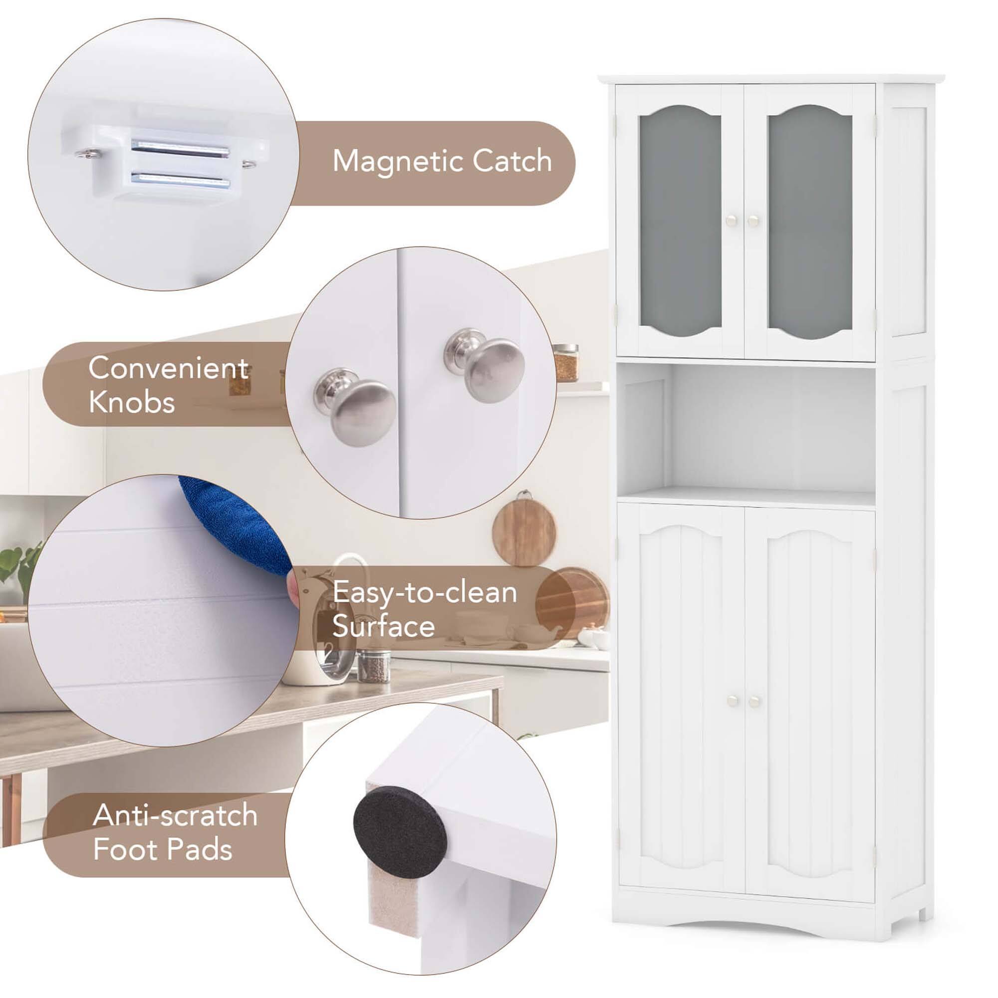 The image features a white cabinet with various descriptions and features. The cabinet has a magnetic catch, convenient knobs, and an easy-to-clean surface. It also has anti-scratch foot pads and is designed to provide a convenient and functional storage solution for the kitchen.