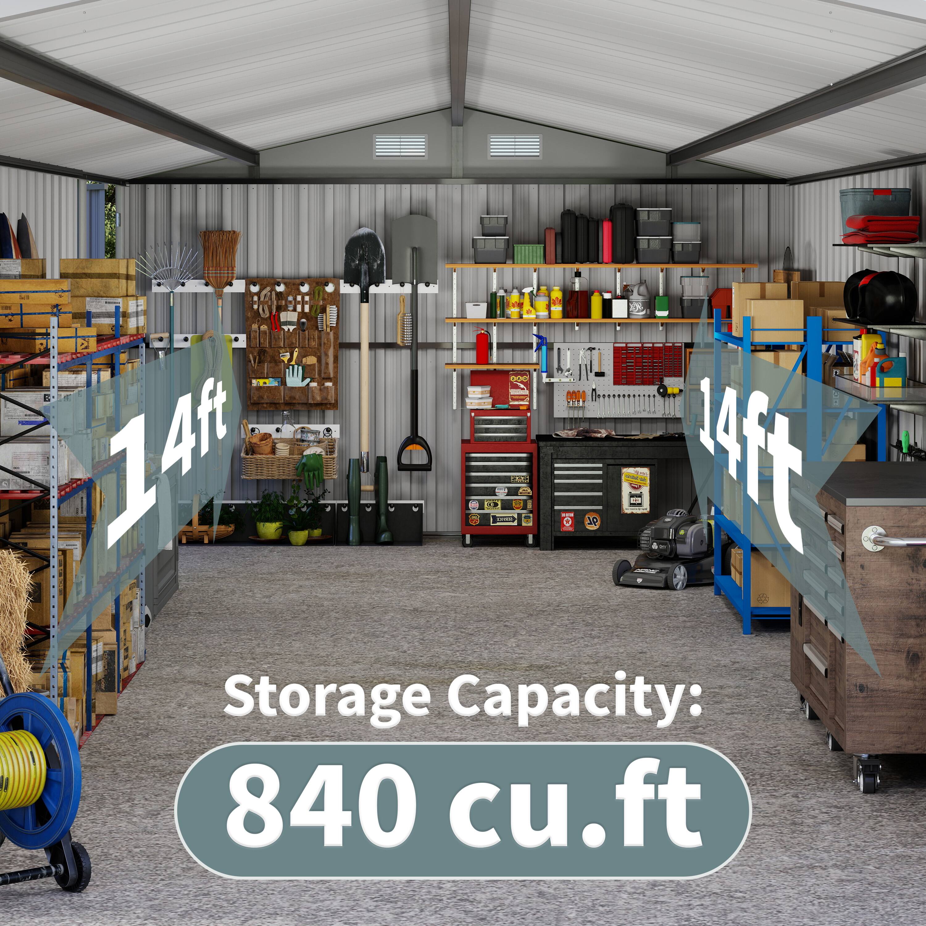 14ft x 14ft x 10ft  
Storage Capacity: 840 cu.ft