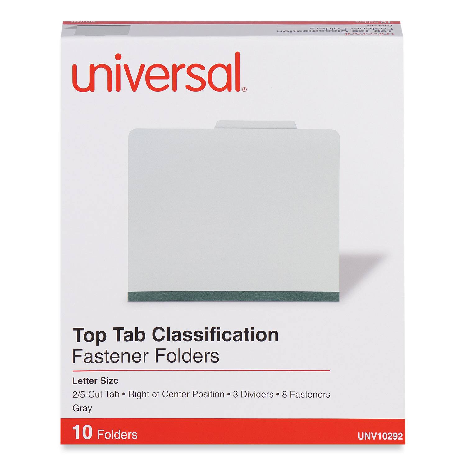 universal

Top Tab Classification Fastener Folders

Letter Size
2/5-Cut Tab • Right of Center Position • 3 Dividers • 8 Fasteners
Gray

10 Folders

UNV10292