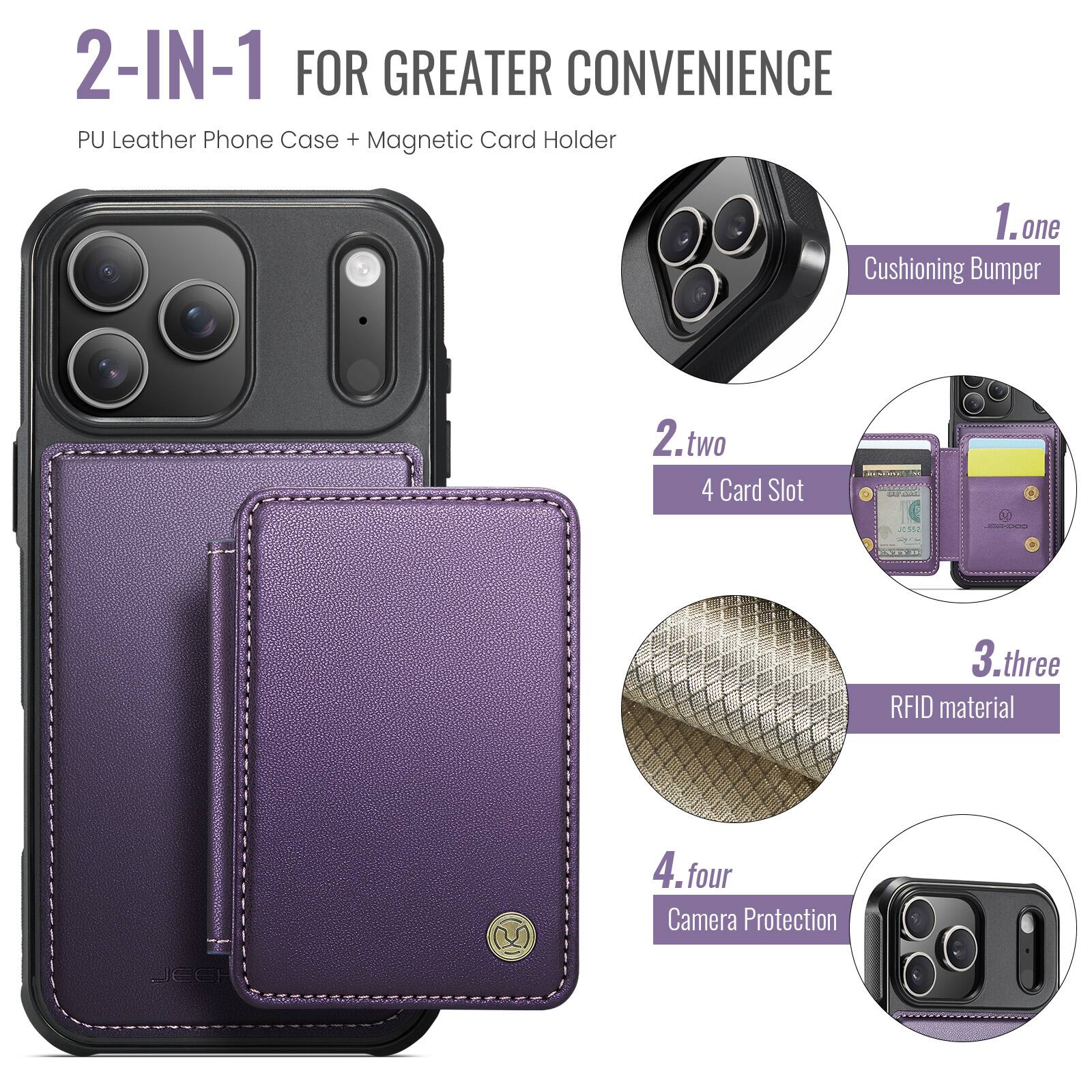 2-IN-1 FOR GREATER CONVENIENCE  
PU Leather Phone Case + Magnetic Card Holder  

1. one  
Cushioning Bumper  

2. two  
4 Card Slot  

3. three  
RFID material  

4. four  
Camera Protection