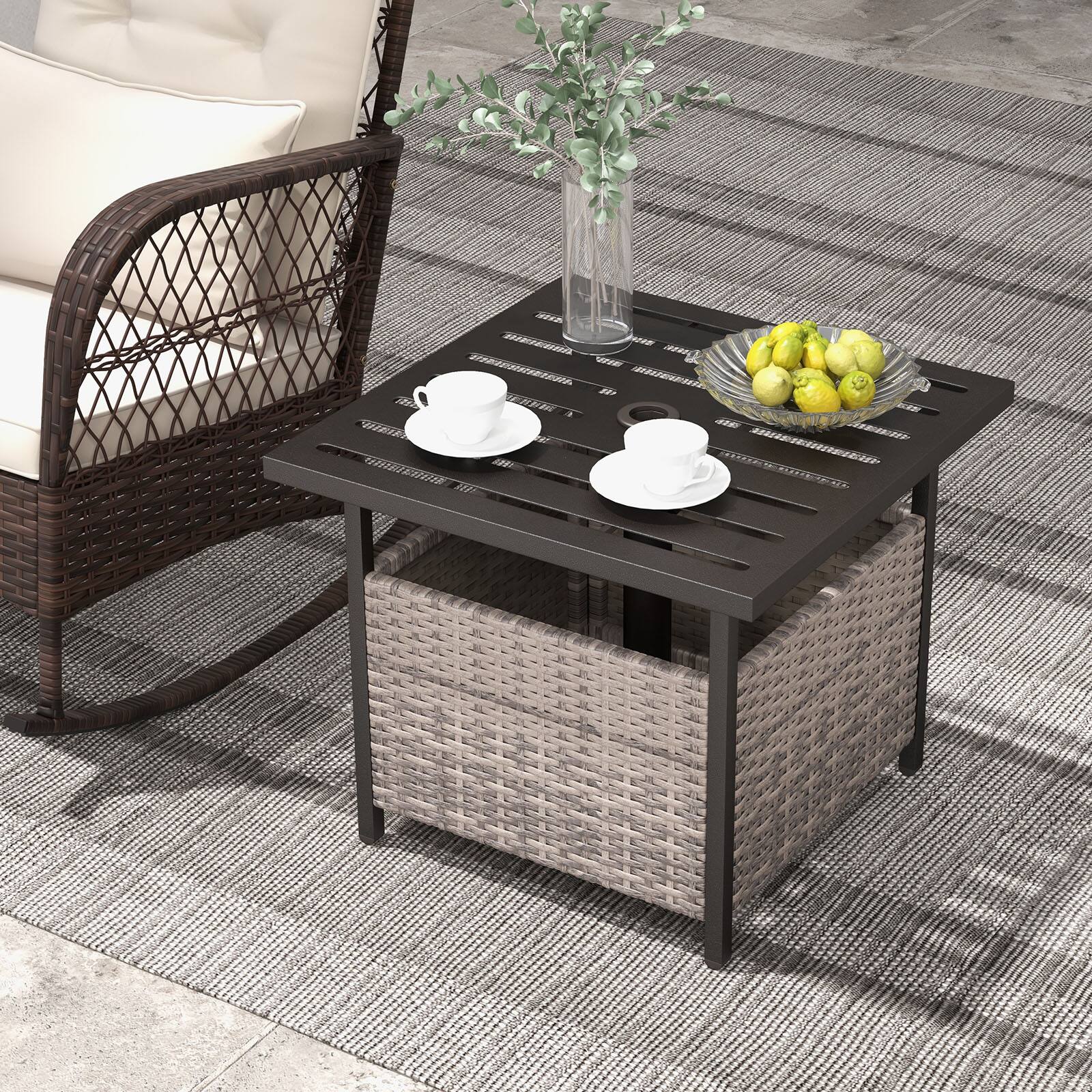 Alt View 4. Sugift - Outdoor Patio Rattan Wicker Steel Side Deck Table - Grey.