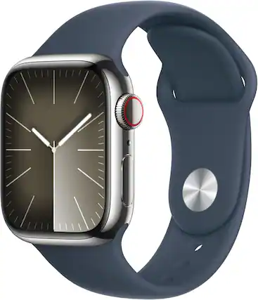 Front. Apple - Refurbished Watch Series 9 Stainless Steel 41mm A2982 (GPS + Cellular) - Silver.
